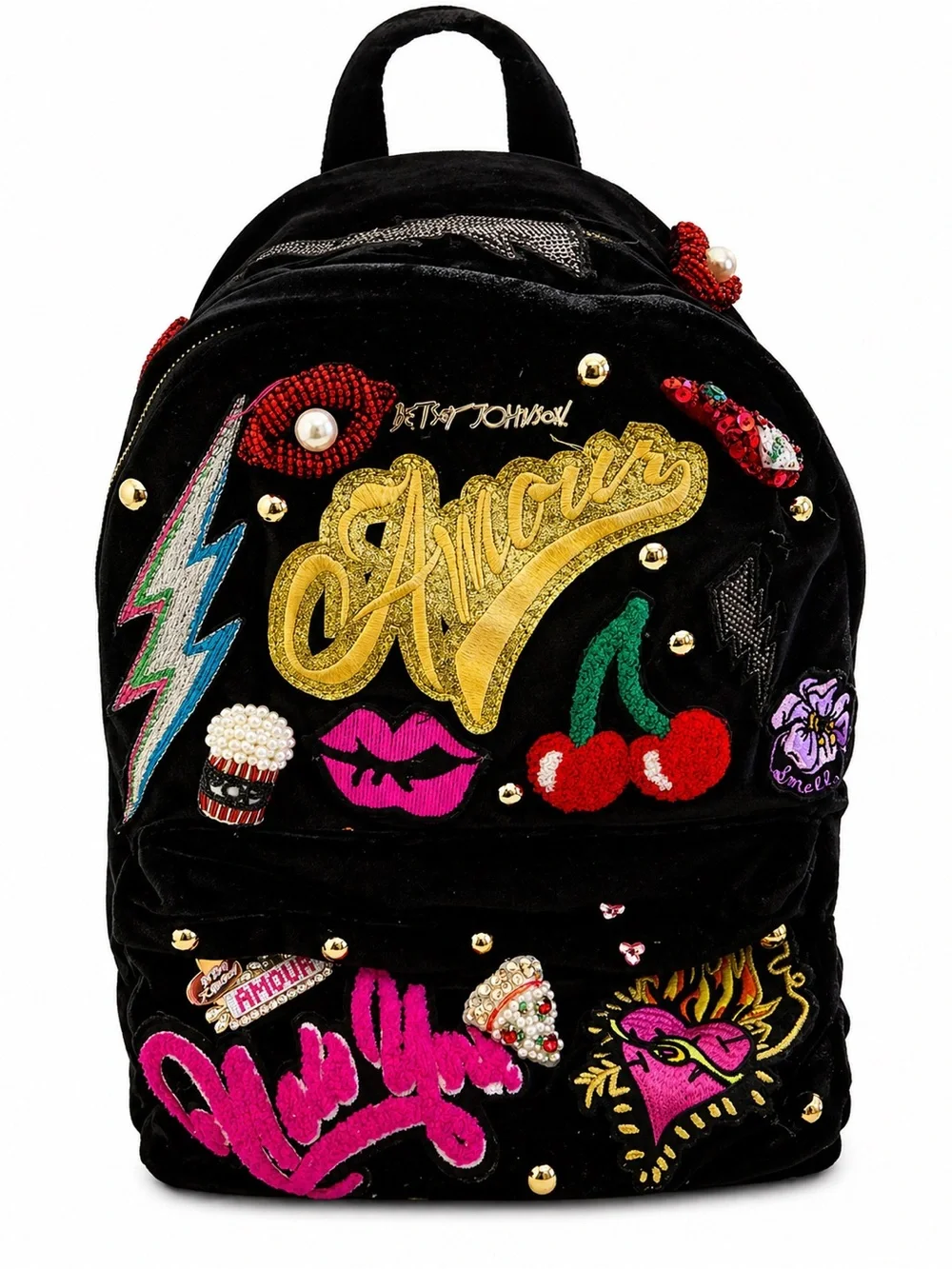 Betsy Johnson Baby’s Got Back Embellished Embroidered Black Velvet Backpack - Picture 3 of 11